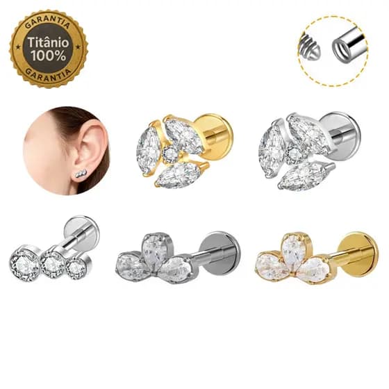 Piercing Labret 100% Titânio Redonda Zircônias Helix, Flat, Conch, Tragus e Outros