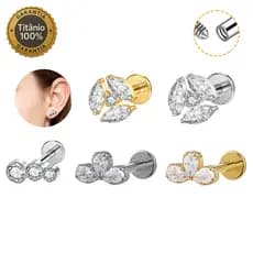 Piercing Labret 100% Titânio Redonda Zircônias Helix, Flat, Conch, Tragus e Outros