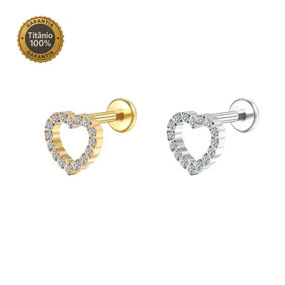 Piercing Labret Titânio PVD com Coração Vazado e Zircônia Helix, Flat, Conch, Tragus, Lóbulo