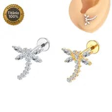 Piercing Labret Libélula Titânio com 13 Zircônias Luxo Joias Helix, Tragus, Conch, Nariz e Outros