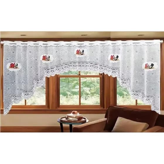 Bando Cascata de Renda, Cortina de Cozinha de Joaninha, Cortininha Curta de Renda Estampada de Joaninha 3,00m x1,00m