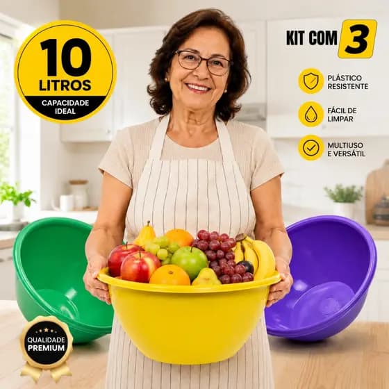 Kit 3 Bacias Plásticas 10L Multiuso Saladeira Tigela Vasilha Cozinha Resistente Empilhável
