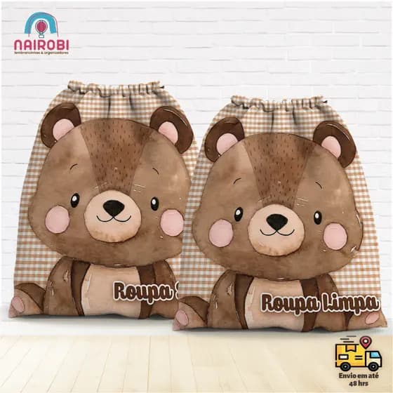 Kit Saco Organizador Ursinho  - Bosque encantado - neutro -   Medidas Aprox.  29x40cm Roupas  limpas + Roupas Sujas