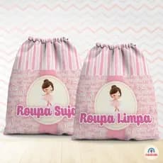Kit Saco Organizador Tema Bailarina - Ballet - Rosa  Medidas Aprox.  29x40cm Roupas limpas + Roupas Sujas