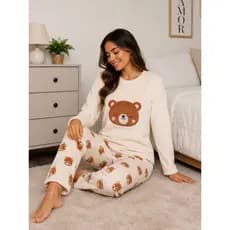 Pijama Feminino de frio Longo de Plush Veludo mantinha microfibra Fleece quentinho