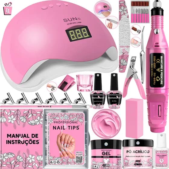 Kit Unha Gel Completo Cabine Sun 5 48W Lixadeira Caneta Pedicure e Manicure Alongamento Extensão Unhas Porcelana Acrigel