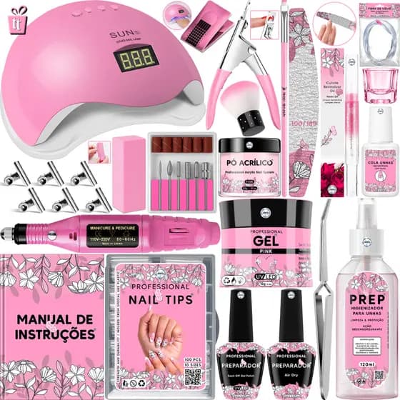 Kit Unhas de Gel Cabine Sun 5 LED UV 48w Digital Lixadeira Elétrica Caneta 20.000 RPM  Molde Lixa Broca Presilha