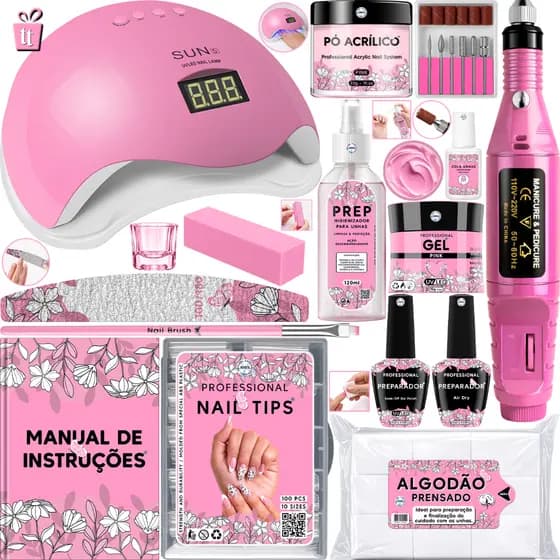 Kit Manicure De Unha Gel Acrigel Porcelana Cabine Sun5 + Lixadeira Eletrica Motor Caneta + Top Coat UV Para Unhas