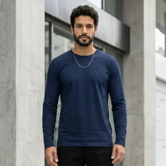 Camisa Manga Longa Masculina Algodão Gola Redonda Lisa Confortável Para Dia a Dia e Exercícios