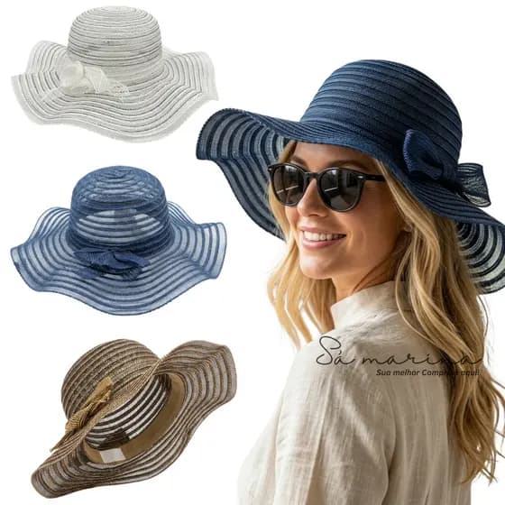 Chapéu de Praia Ondulado Dobrável Com Laço Chapéu Feminino NYLON