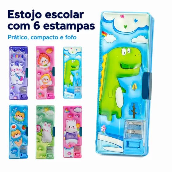 Estojo Escolar Kawaii Lona Apontador Embutido Porta Lápis 6 Estampas Grande Capacidade Infantil