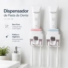 Dispenser Automático de Pasta de Dente com Porta Escovas de Parede Adesivo Sem Furo para Banheiro