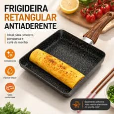 Frigideira Retangular Antiaderente Japonesa para Omelete Tamagoyaki, Panqueca e Ovo com Cabo Madeira