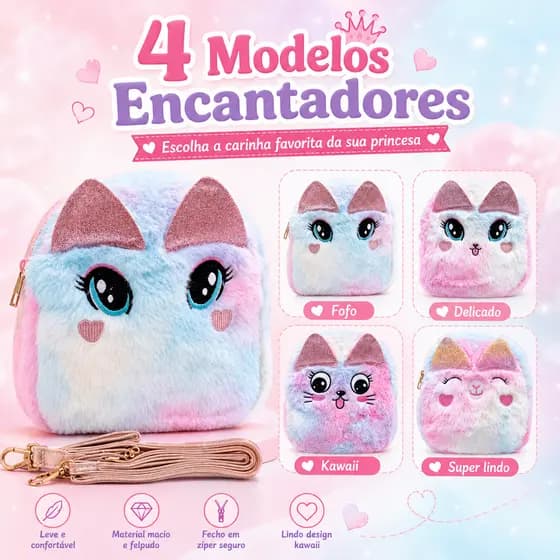 Mochila Pelúcia Gatinho Kawaii Infantil Alça Ajustável Bolsinha Fofa Presente Para Meninas