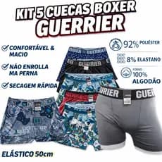 Kit 5 Cuecas Boxer Guerrier Original – Conforto Extremo, Microfibra, Forro 100% Algodão, Elástico Reforçado – P ao GG