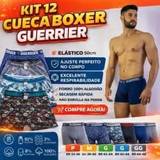 Kit 12 Cuecas Boxer Guerrier Original – Conforto Extremo, Microfibra, Forro 100% Algodão, Elástico Reforçado – P ao GG