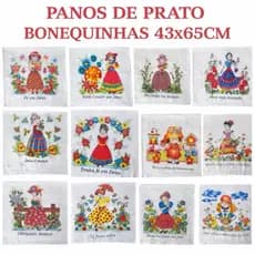 Kit 12 Panos de Prato Bonequinhas 43x65cm Algodão Decorado Cozinha