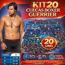 Kit com 20 Cuecas Boxer Guerrier Original – Conforto, Microfibra, Forro 100% Algodão, Reforçado – P ao GG