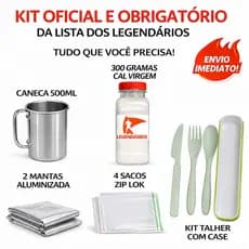Kit Legendários 5 Itens Obrigatórios– Caneca 500ml Talher com Case Cal Virgem 200g Mantas Aluminizadas 4 Sacos Zip Lock