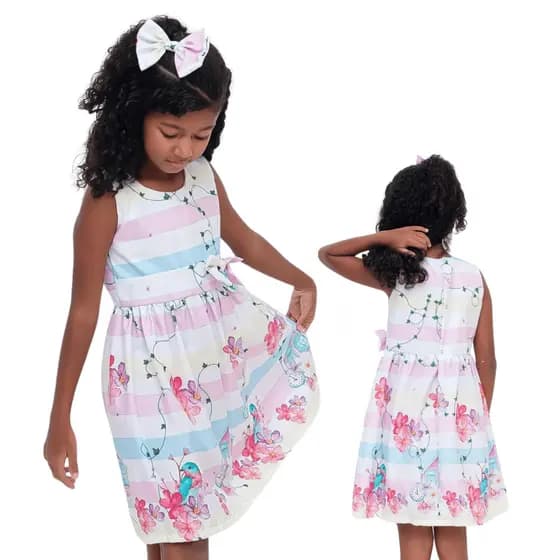 Vestido Casual Simples Dia a Dia Personalizado Estampado Infantil Com Laço de Cabelo Jardim Encantado Floral