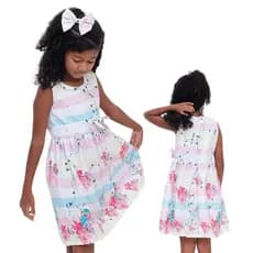 Vestido Casual Simples Dia a Dia Personalizado Estampado Infantil Com Laço de Cabelo Jardim Encantado Floral