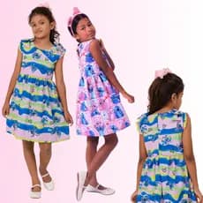 Vestido Infantil Menina Stitch e Stitch e Angel Bonito Rosa e  Azul Tecido Elastano