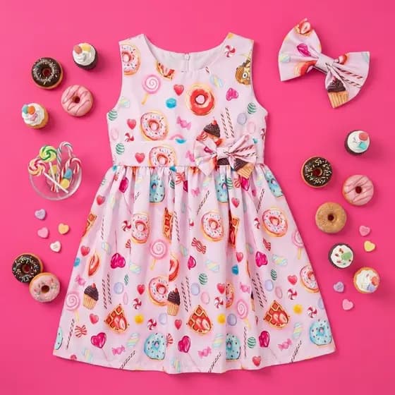 Vestido Infantil Doceria Doces Doces Donut Rosa Aniversário Tecido Premium Rosa