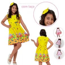 Vestido Infantil Menina Rodado Estampado Floral com Laço Casual Premium