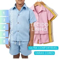 Conjunto Infantil Linho Camisa e Short Menino 2 Peças varias cores, azul, amarelo, bege, branco, rosa premium não amassa