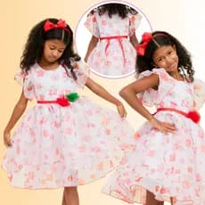 Vestido Infantil Luxuoso Estampado Fluido Chiffom Veu Delicado Perola Camadas Armado Menina Vermelho Rosas