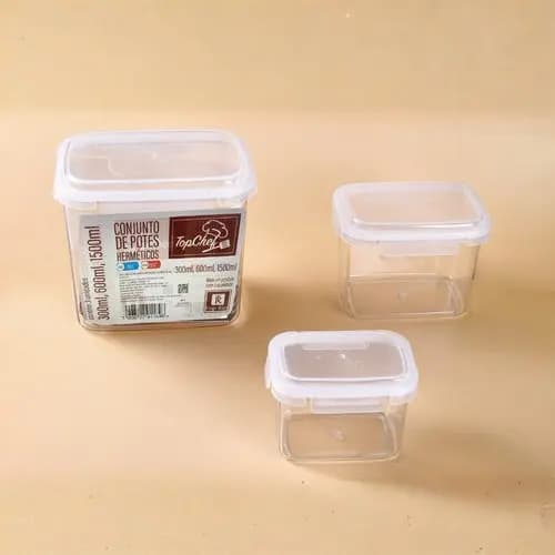 Conjunto 3 Potes Hermeticos Termicos Plastico Vedacao Alimentos Conservacao Organizador