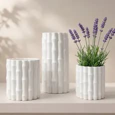 Conjunto Vasos Decorativos Textura Bambu Branco Impressão 3D Decoração Flores Moderna Elegante