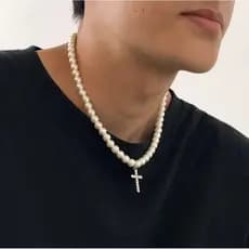 Colar Corrente masculino Pérola Pingente Cruz Cravejado Ajustável