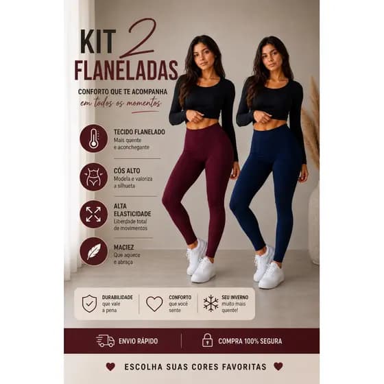 Kit 2 Calças Legging Flanelada Forrada Quentinha Fitness Para o Dia a Dia Treino Leg