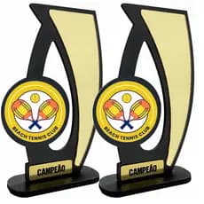 Troféu Beach Tênis Campeonato Torneio Em Mdf Com Acrílico Espelhado Dourado 20cm