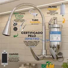 Torneira com Filtro para Cozinha Inox Gourmet Cromada Refil Carvão Ativado dois jatos parede
