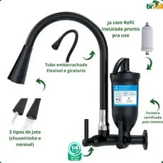 Torneira Filtro Cozinha Preta purificador Vela Carvão Ativado Parede  bica Flexível 2 jatos