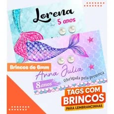 Kit 20/30/40/50/100 Pares de brinco 6mm Pérola com Tag - Cauda de Sereia + Saquinho - Lembrancinha de Aniversário