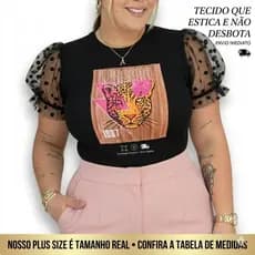 Blusa Feminina Plus Size Manga Curta Princesa Bufante Tule Poá Elegante Luxo Curve Canelada Premium