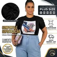 Blusa Plus Size Feminina Malha Canelada Camiseta T-Shirt de Luxo  Manga Curta Não Amassa GG G1