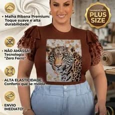 Blusa Plus Size Feminina Manga Curta Renda Babadinho Blogueira Luxo Elegante Casual