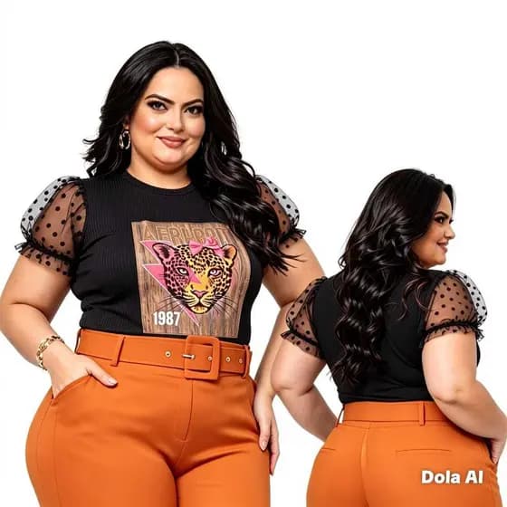 Blusa Feminina Plus Size Manga Bufante Tule Poá Luxo Curve Premier Ribana Canelada Premium Tendência