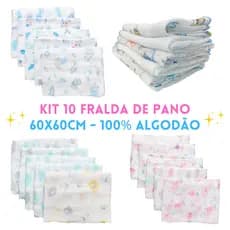Fraldas de pano kit com 10 unidades 60x60cm 100% algodão Minasrey Bebê Babete Toalinha Babita Paninho Estampado