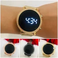 Relogio Feminino Digital Led Redondo com Strass Dourado Rose