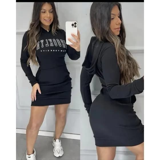 Blusão Vestido com capuz Manga Longa Tendência Inverno Moda Feminina