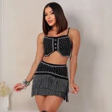 Conjunto Feminino Neopreme Top Saia Strass Luxo Festa Balada