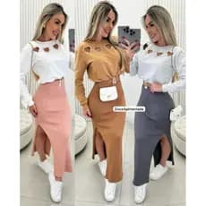 Saia Midi Modal Cropped Moda Feminina Inverno Outono