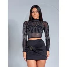 Cropped Top Blusa Feminina Pedraria Brilho Strass Manga Comprida Longa Tule