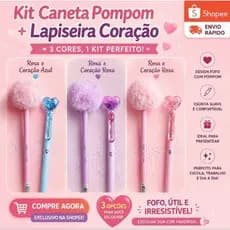 Kit Papelaria Fofa Caneta Pompom Gel Apagável + Lapiseira 0,7 Coração|Fofo|Feminino|Presente|BRW|Caneta Fofa|Escolar.