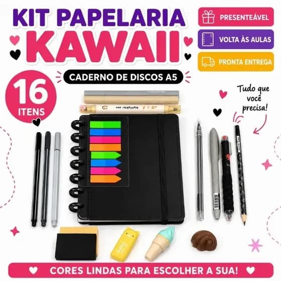 Kit Escolar Papelaria Fofa Kawaii PRETO 16 Itens|Caderno de Discos A5|Kit Completo|Presente Criativo